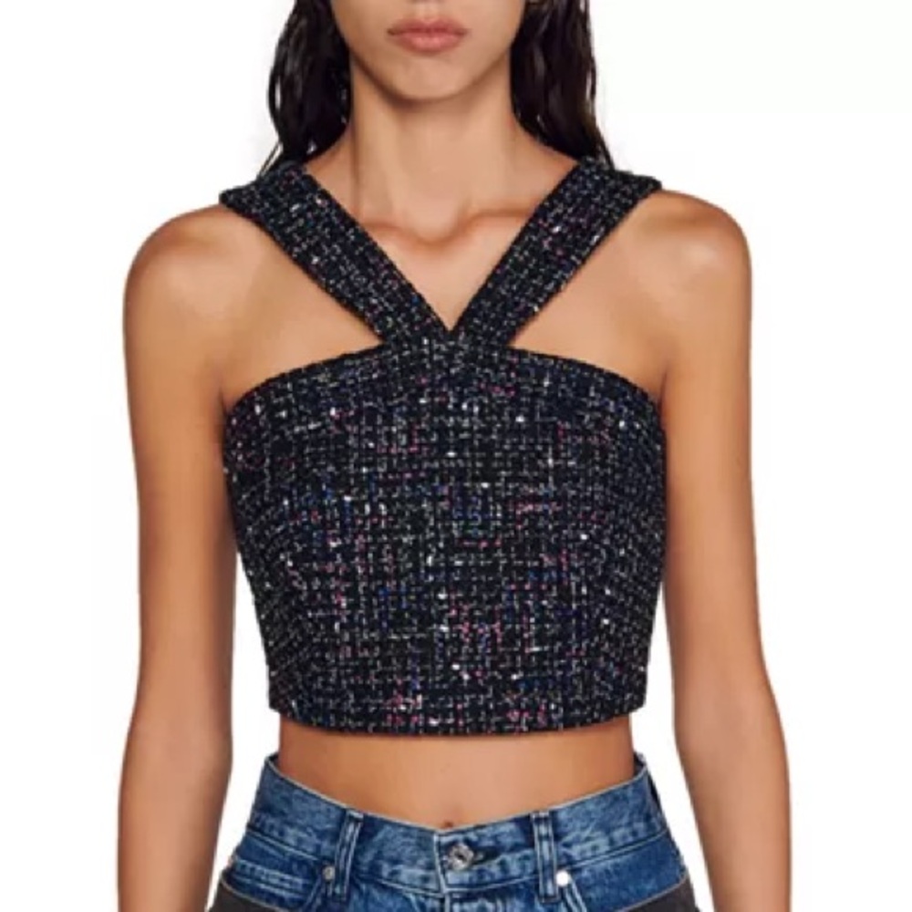 Sandro Paris Tweed Crop Top Size 4 NWT Crisscross Bustier Black Blue Bandage Top